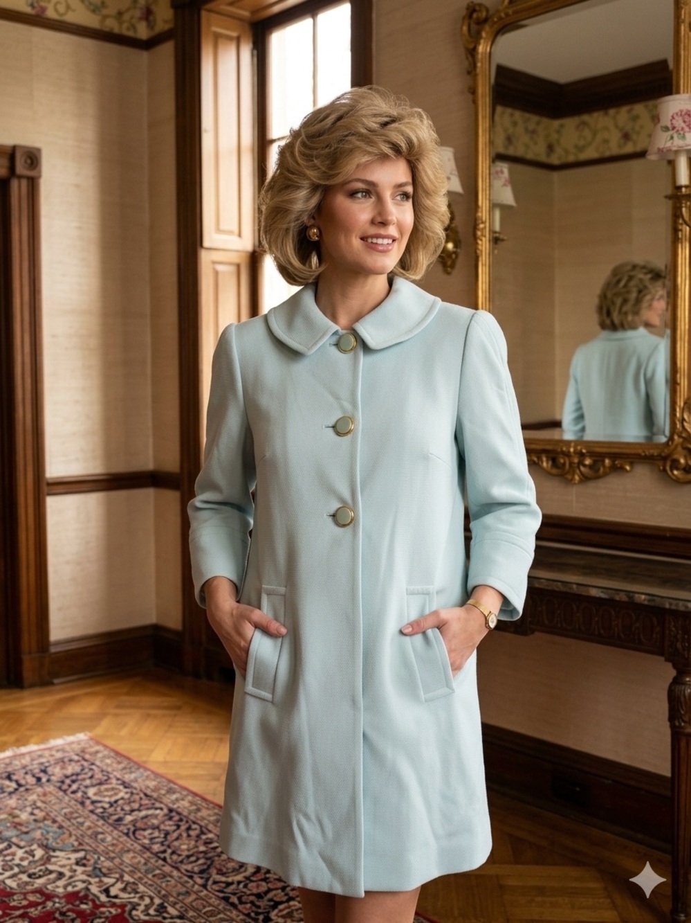 Vintage 1980s Light Blue Women's Coat with Gold Buttons